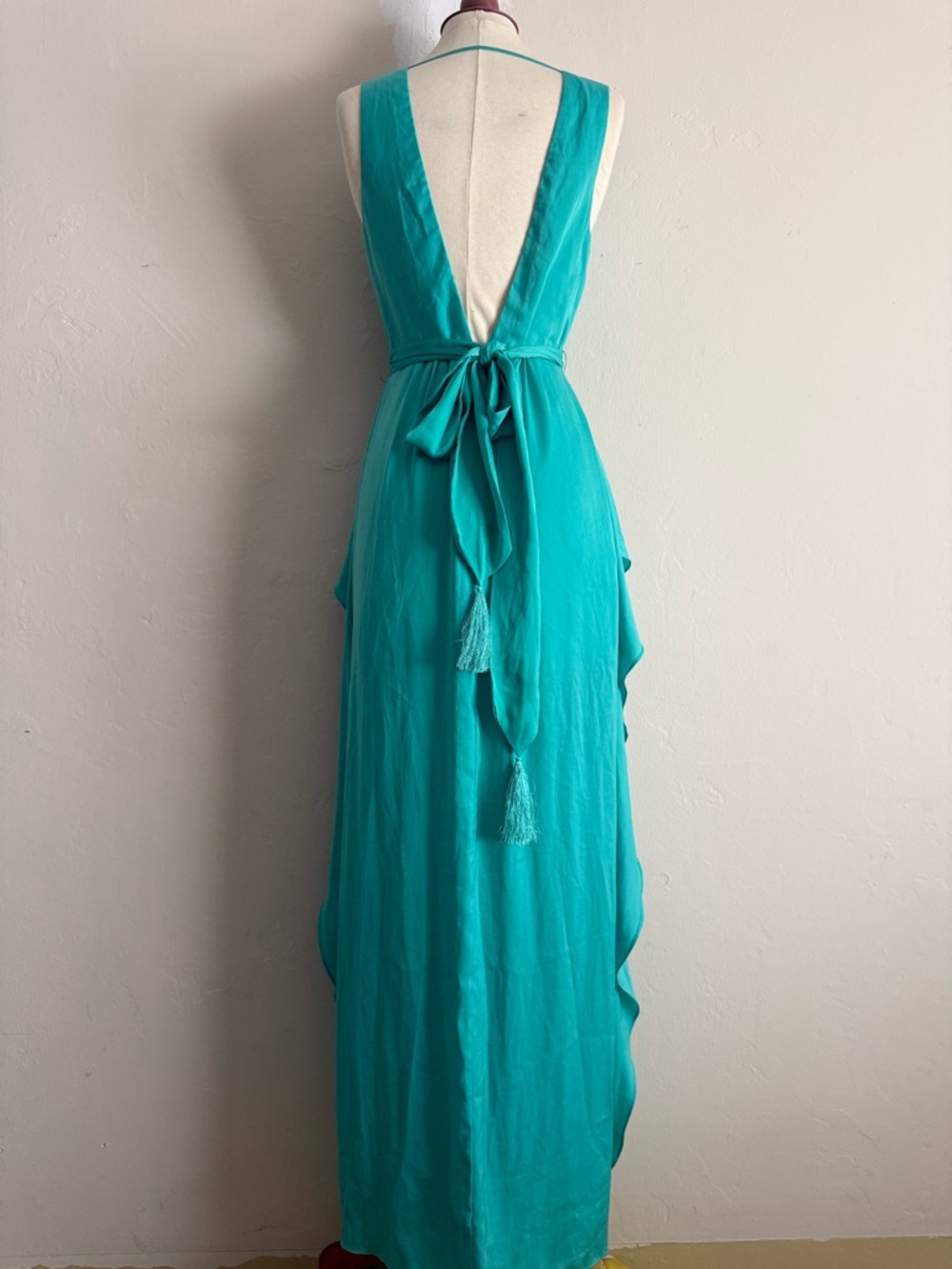 BCBGMaxAzria Teal Backless Maxi Dress with Tassel Tie